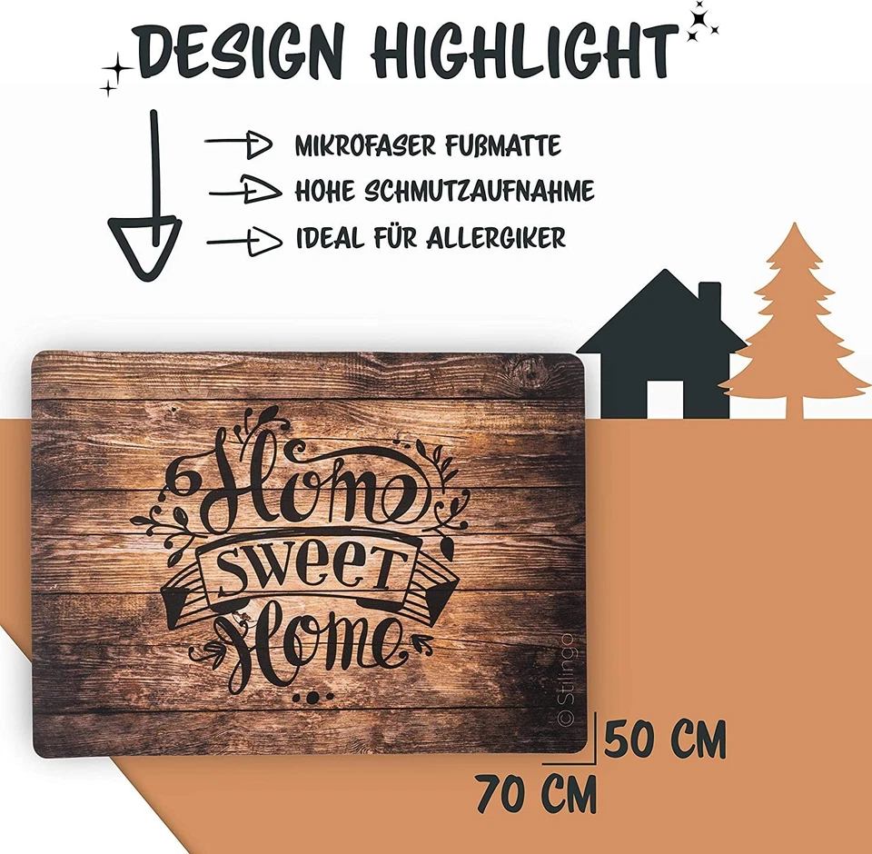 Fußmatte innen & außen 50x70cm, Home Sweet Home Holzoptik Schmutzfangmatte Groß - Bild 2 von 4