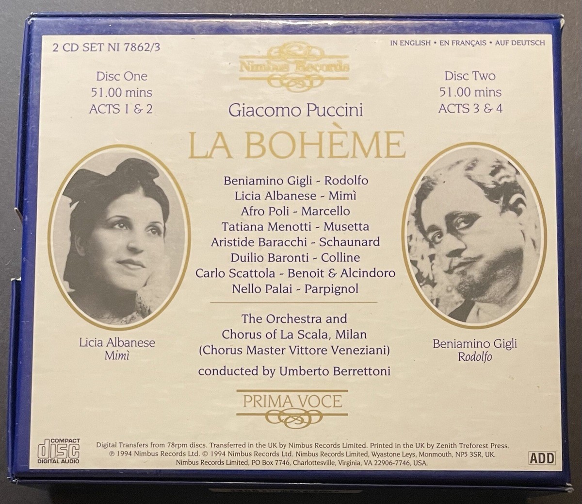 Puccini – La Boheme, Beniamino Gigli, Umberto Berrettoni. 1994 Nimbus Records – NI 7862/3 Puccini – La Boheme, Beniamino Gigli, Umberto Berrettoni. 1994 Nimbus Records – NI 7862/3