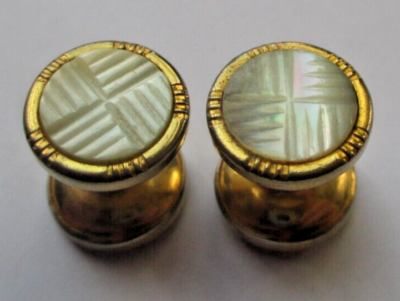 Boutons De Manchette Vintage Or Et Nacre Gravés Ronds - Occasion Parfait état