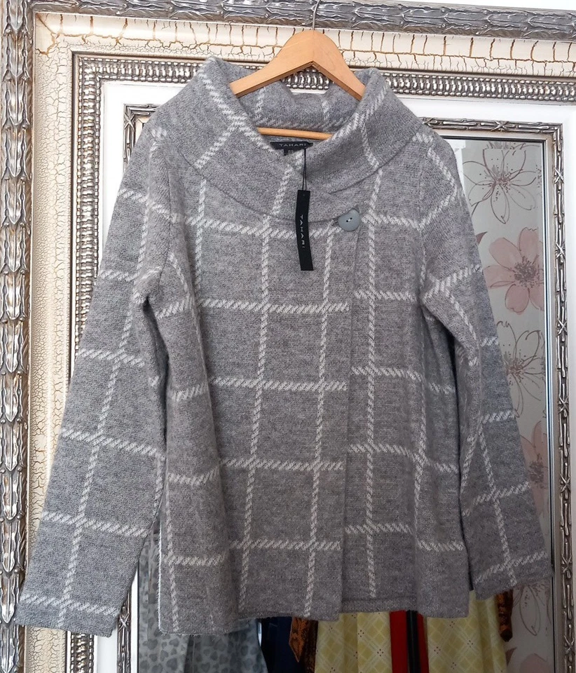 BN TAHARI Ladies Heather Grey Check Wool Blend Chunky Knit Collared Jacket UK XL - Image 2 of 4