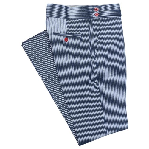 Mens Gurkha Pants Blue White Striped Cotton Slim Straight Flat Front Trousers 32
