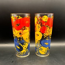 Two Vintage MCM New Year's Mardigras Glass Tumblers 6" / 10 oz Red Blue Yellow