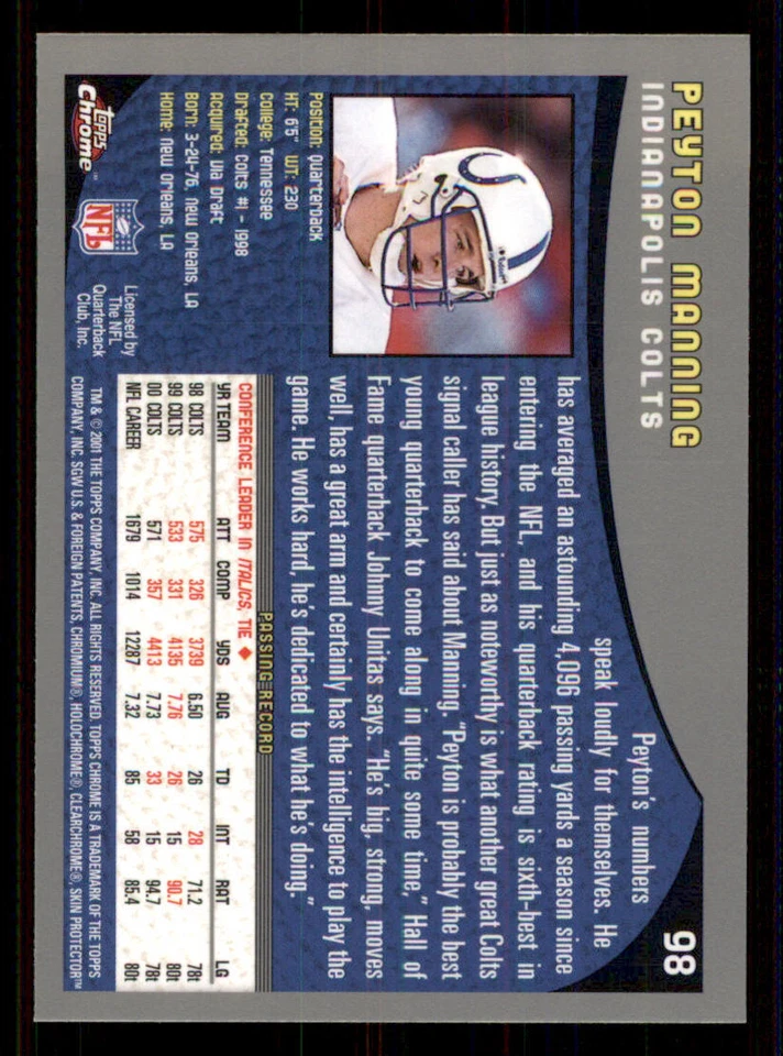 2001 Topps Chrome #98 Peyton Manning - Image 2 of 2