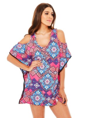 Pink Mambo Cold Shoulder Cover-up Dress by Nicolita, size L/XL
