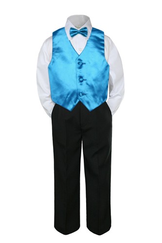 4pc Boys Baby Toddler Kids Turquoise Vest Bow Tie Formal Set Suit S-7 - Picture 3 of 7