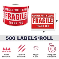 Fragile Stickers 1 Roll 500 2x3 Fragile Label Sticker Handle With Care Mailing