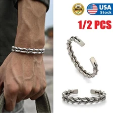 1/2× Men's Vintage Twist Cuff Silver Bracelet Handmade Adjustable Open Bracelet