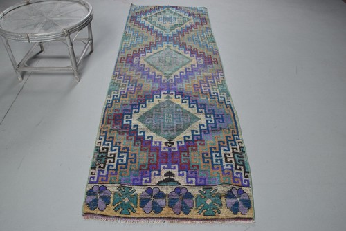 Turkish Vintage Rug 3x8,8 ft, Herki Blue Patchwork Wool Rug