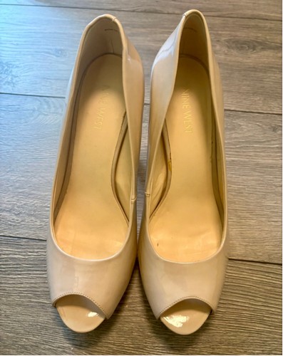 Nine West Nude Patent Leather Peep Toe Platform Heels Size 9M w/ Box - Picture 3 of 10