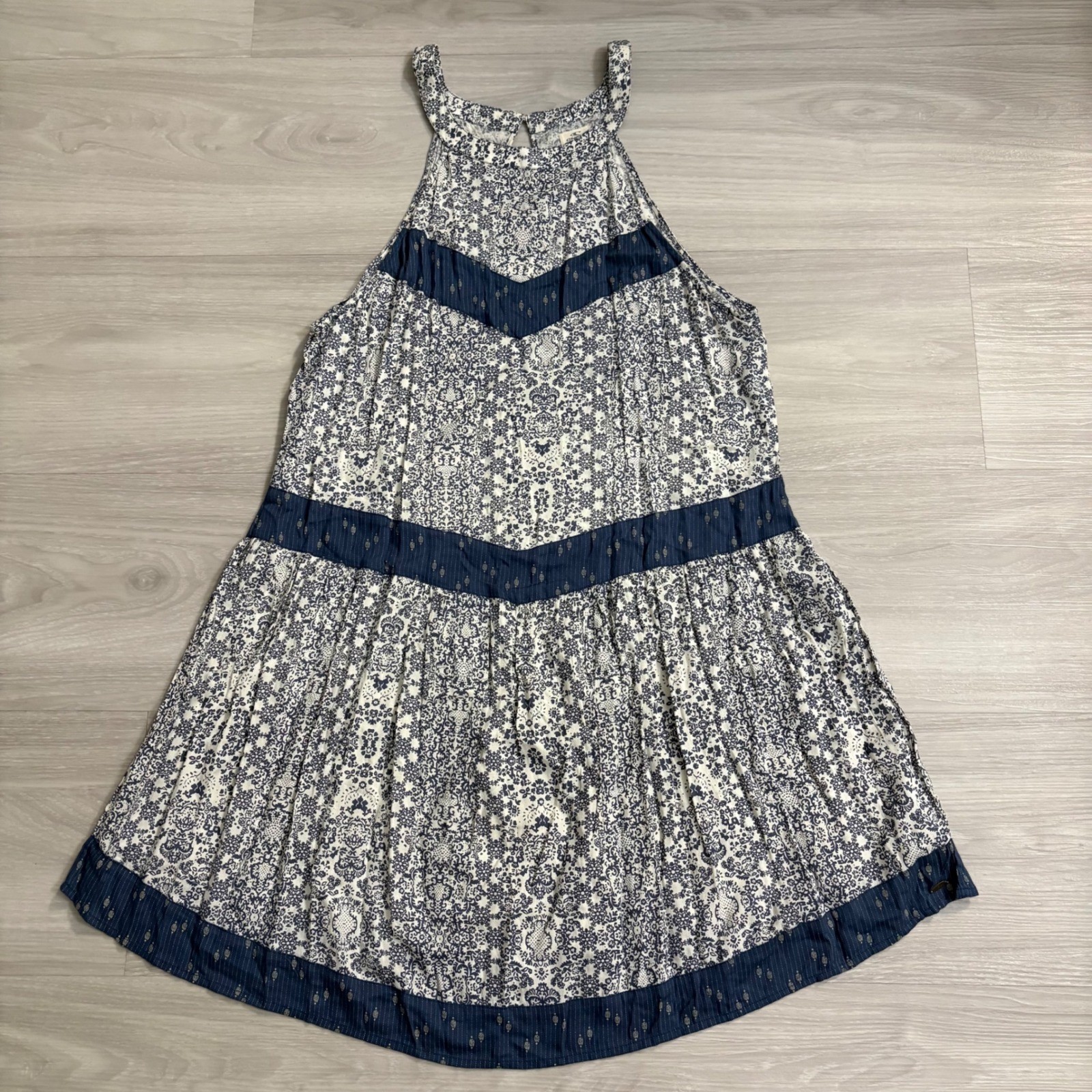 O'Neill Women Dress Blue White Floral Damask Halter Boho Beach Mini Tiered XL