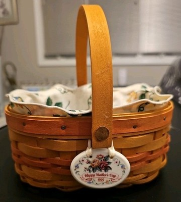 Longaberger 1999 Mother's Day Basket ''Tea for Two'' w/Floral Liner & Tie-On