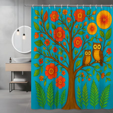 Colorful Floral Shower Curtain with Owls and Tree Design