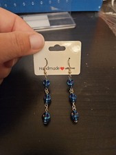 Spooky Halloween Metallic Blue Glass Skull Dangle Earrings 3-tier