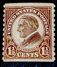 US #598 Mint; NH; OG; Warren G. Harding; 1 1/2¢ Coil Single; Extra Fine