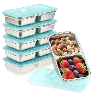 6x Edelstahl Brotdose Bento Box 2 Fächer Lunchbox mit Deckel Meal Prep