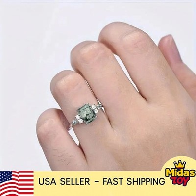 Moss Agate Emerald Cut Gemstone Ring Prong Setting Engagement Jewelry