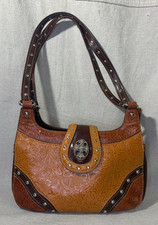 Tooled Leather Western Shoulder Bag Floral Embossed Studded Crossbody Boho Brown