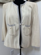 Chanel 03P RunwayCream Jacket With Grosgrain Ribbon Trim And Faux Pearl Buttons