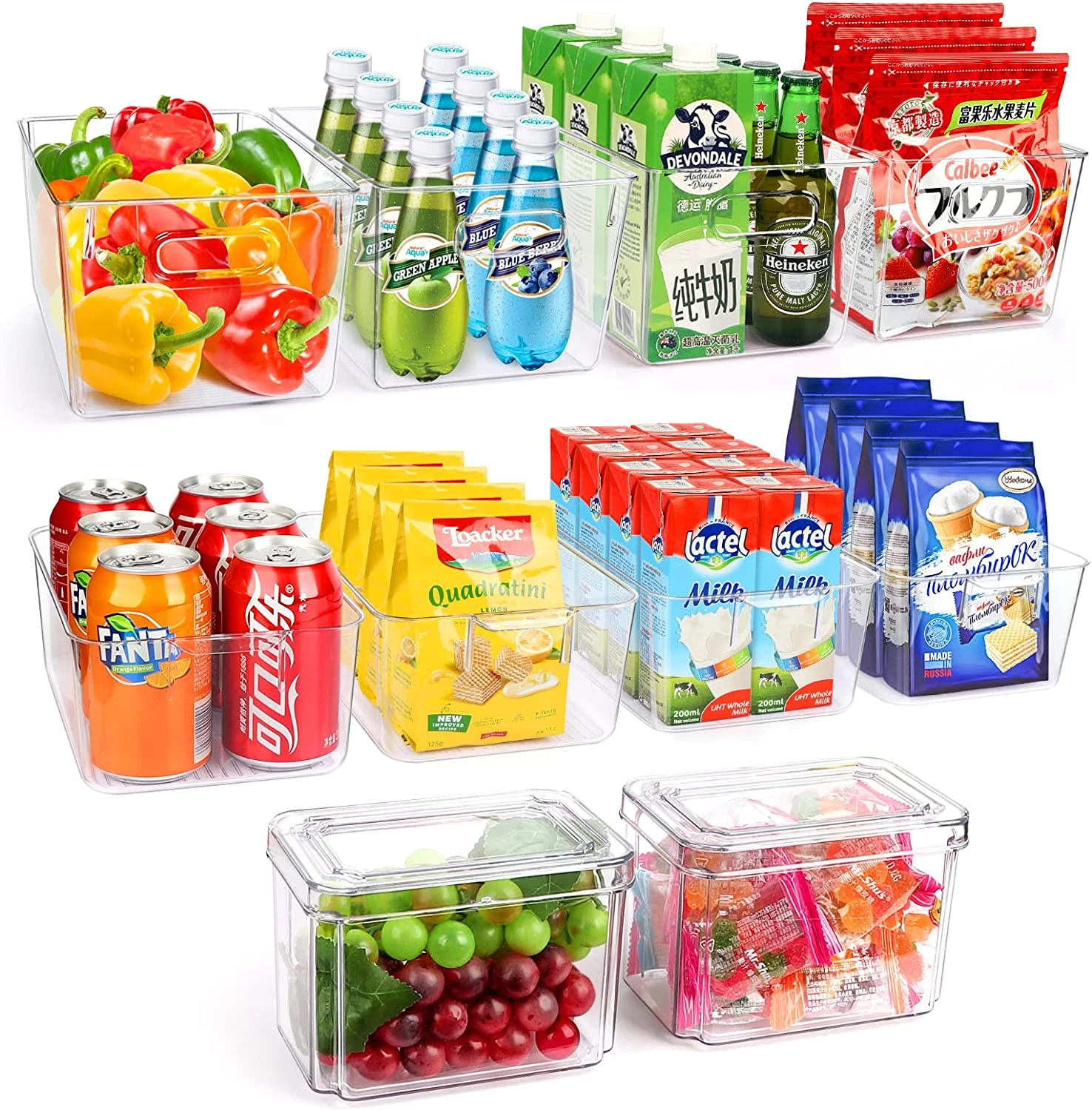Set of 10 Refrigerator Pantry Organizer Bins, Clear Plastic Food Storage Bins