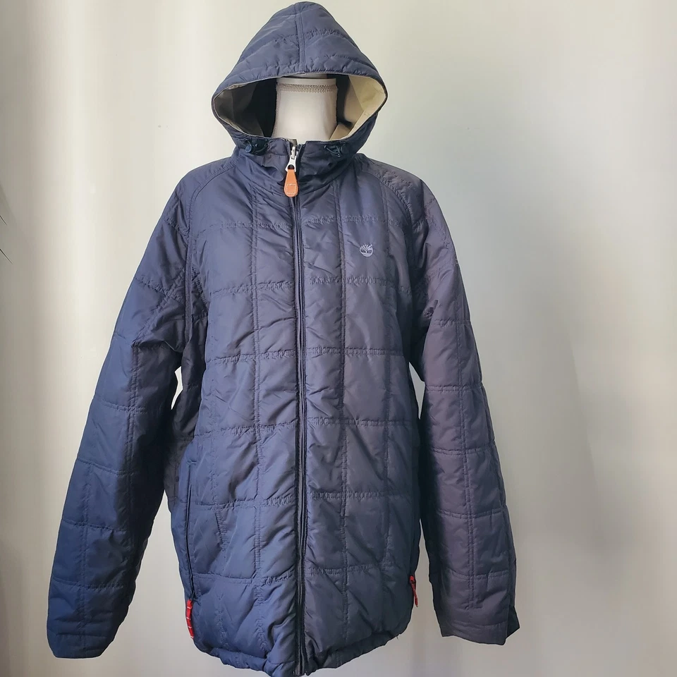 Chaqueta Parka Timberland Y2K Para Hombre Reversible Caqui Acolchada Azul Marino Con Capucha Talla L Foto 3 de 4