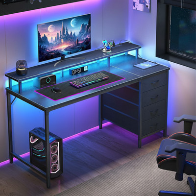 Home Office 40'' 45'' Computer Gaming Desk with 4 Drawers Power Outlets LED Lights
