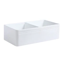White Rectangular Crater Double Bowl Undermount Porcelain Kitchen Sink 33"