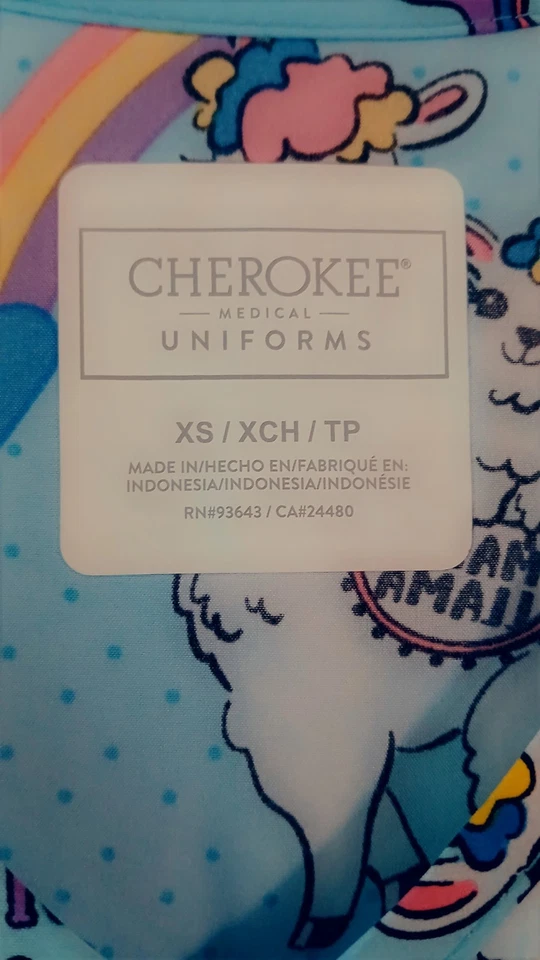 Scrub Top Size XSmall Fun Lama Mama Blue V-Neck/2Pocket "CHEROKEE" Women's/NEW - Image 3 of 4