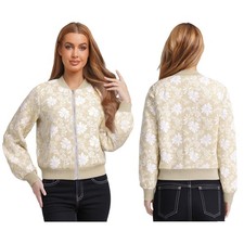 Womens Long Sleeve Jacquard Ribbed Trim Bomber Jackets Baseball Coat Outerwear