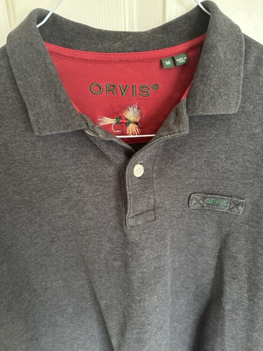 Orvis Mens M Gray Long Sleeve Polo Shirt Heavyweight 100% Cotton Fishing
