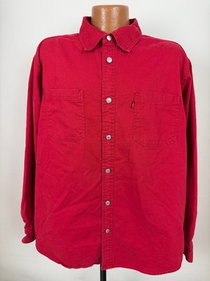 Vintage Y2K Levis Denim Shirt Men Large Minimal Biker Trucker Heavy Cotton Red