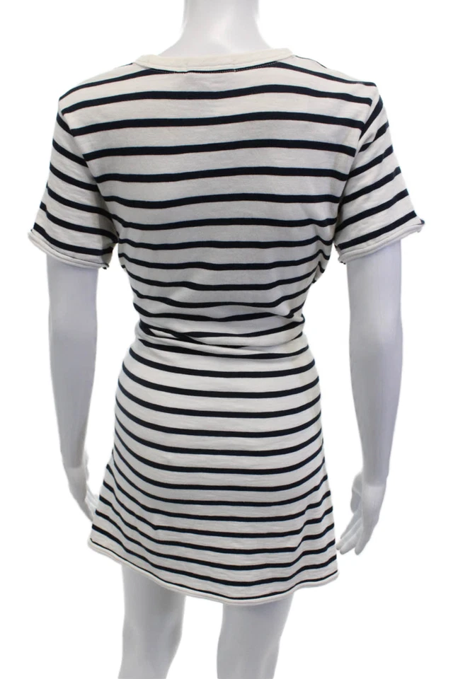 Rag & Bone 女式低圆领绑带条纹连衣裙白色海军蓝棉质小号 — 第 3/4 张图片