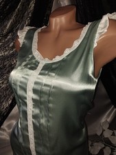 VTG SATIN SHINY COUETTE NIGHTGOWN MINT LACY RUFFLE FLUTTER TOUCHED SLVS NOS