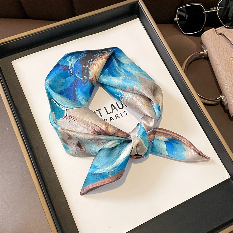 Vintage Blue Water Lily Silk Scarf for Women 53x53cm Hair Bandana Neck Kerchief
