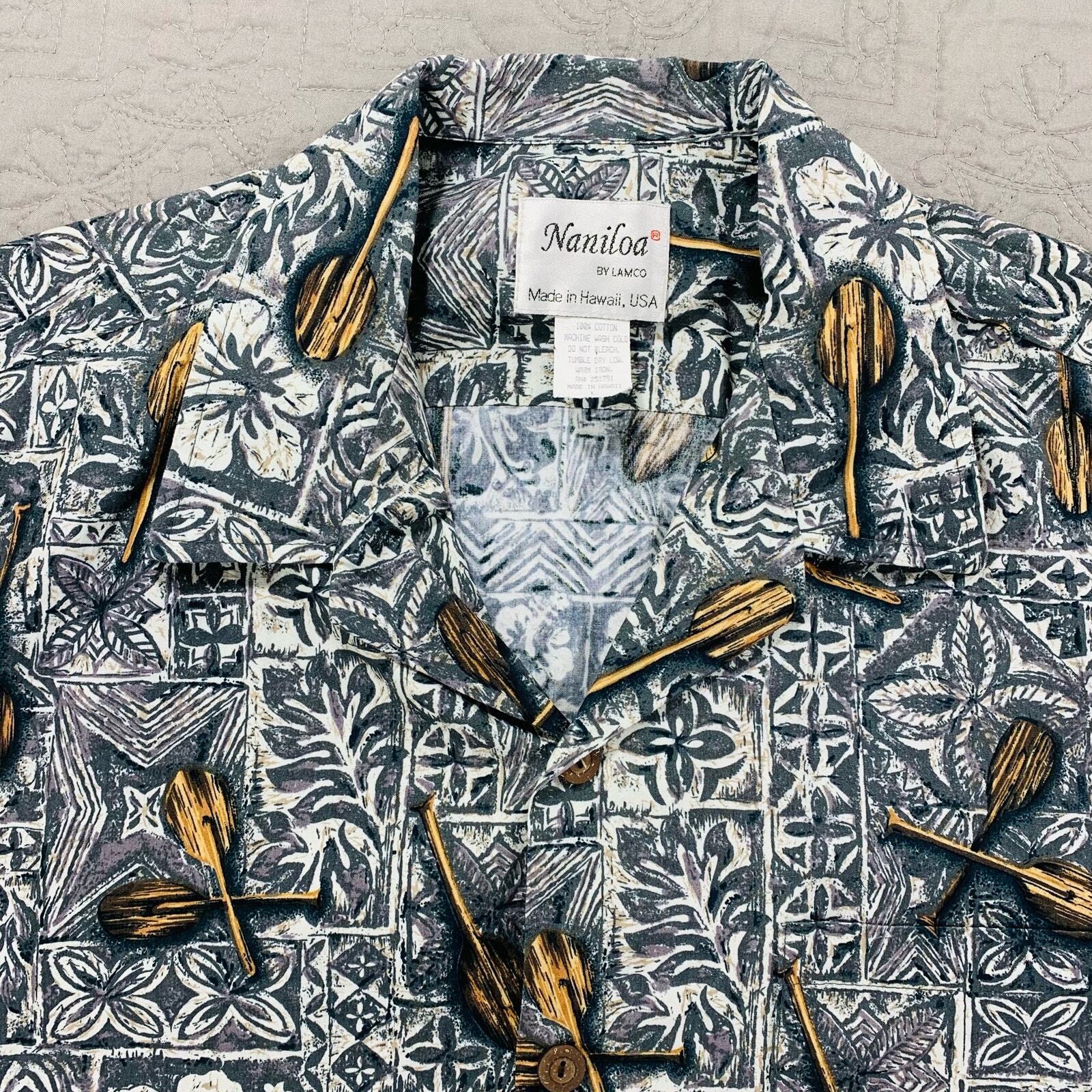 Camicia hawaiana Naniloa Lamco grigia fila barca remo USA grande floreale mare spiaggia