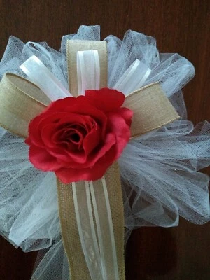 10 PC burlap wedding pew bows white with red rose with burlap or any color - Image 1 of 2