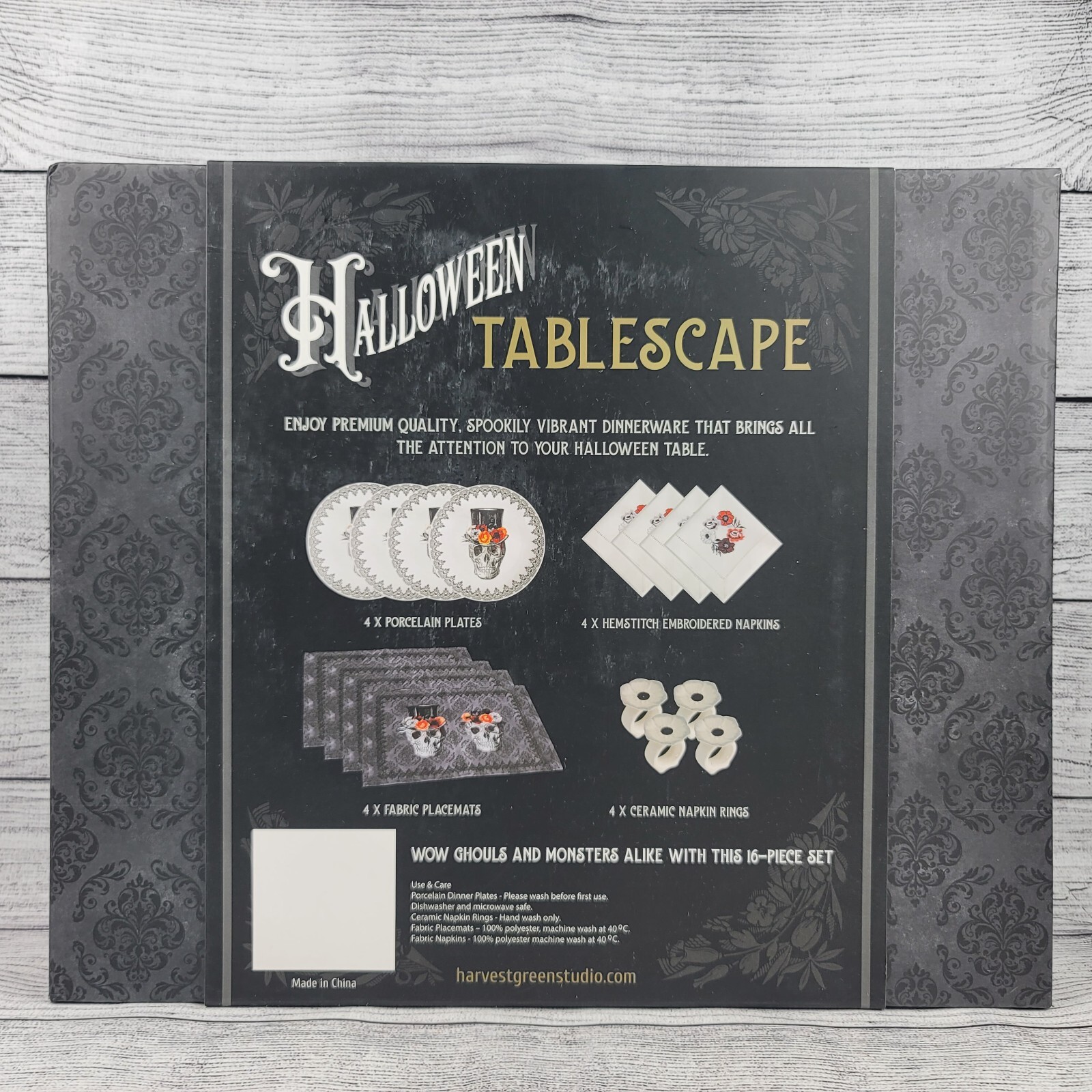 Halloween Harvest Green Studio Skull Tablescape 16 piece Dinner Set