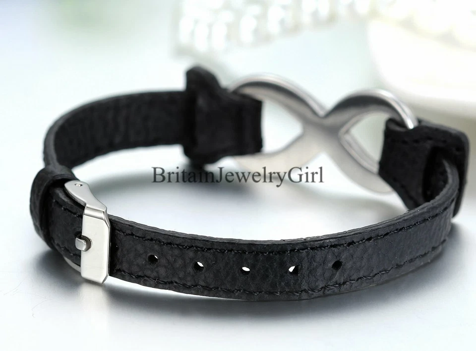 Brazalete brazalete Love Infinity de cuero negro de acero inoxidable para hombre y mujer Foto 2 de 4