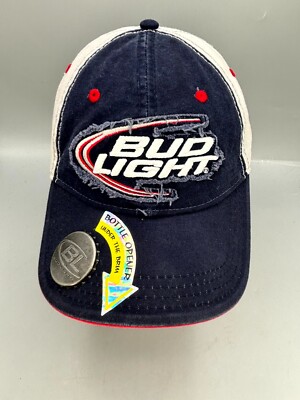 Bud Light Baseball Cap OS Navy White Bottle Opener Under The Birm 6-Panel Hat