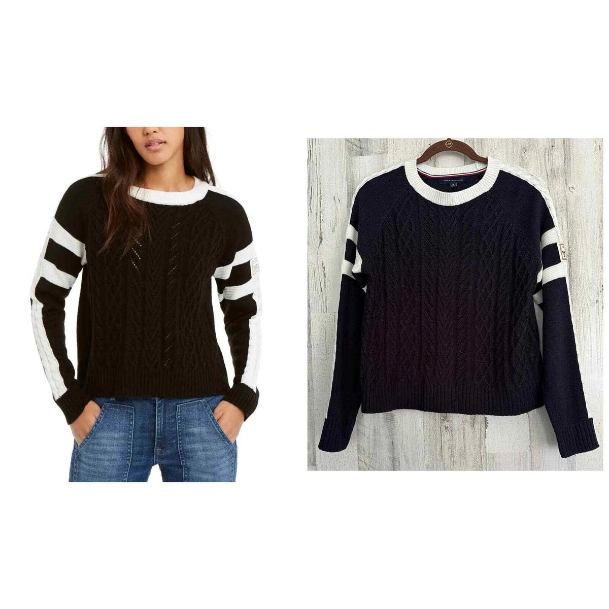 Tommy Hilfiger Varsity Cable Stitch Sweater Size Medium Navy White