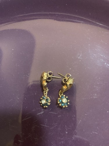 Sapphire and Diamond Flowers Dangle Drop Earrings Simulated Stones - Picture 2 of 6