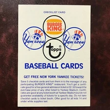 1977 Topps Burger King Set YANKEES navy blue CHECKLIST CARD UNMARKED - NR-MINT