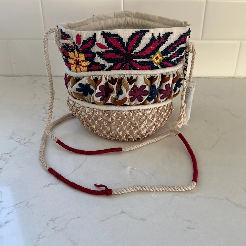 New Free People Small Bucket Bag Mixed Material Boho Crossbody