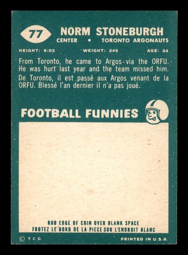 NORM STONEBURGH 1960 TOPPS CFL 1960 NO 77 EXCOMO NUEVO + 21877 - Imagen 2 de 2