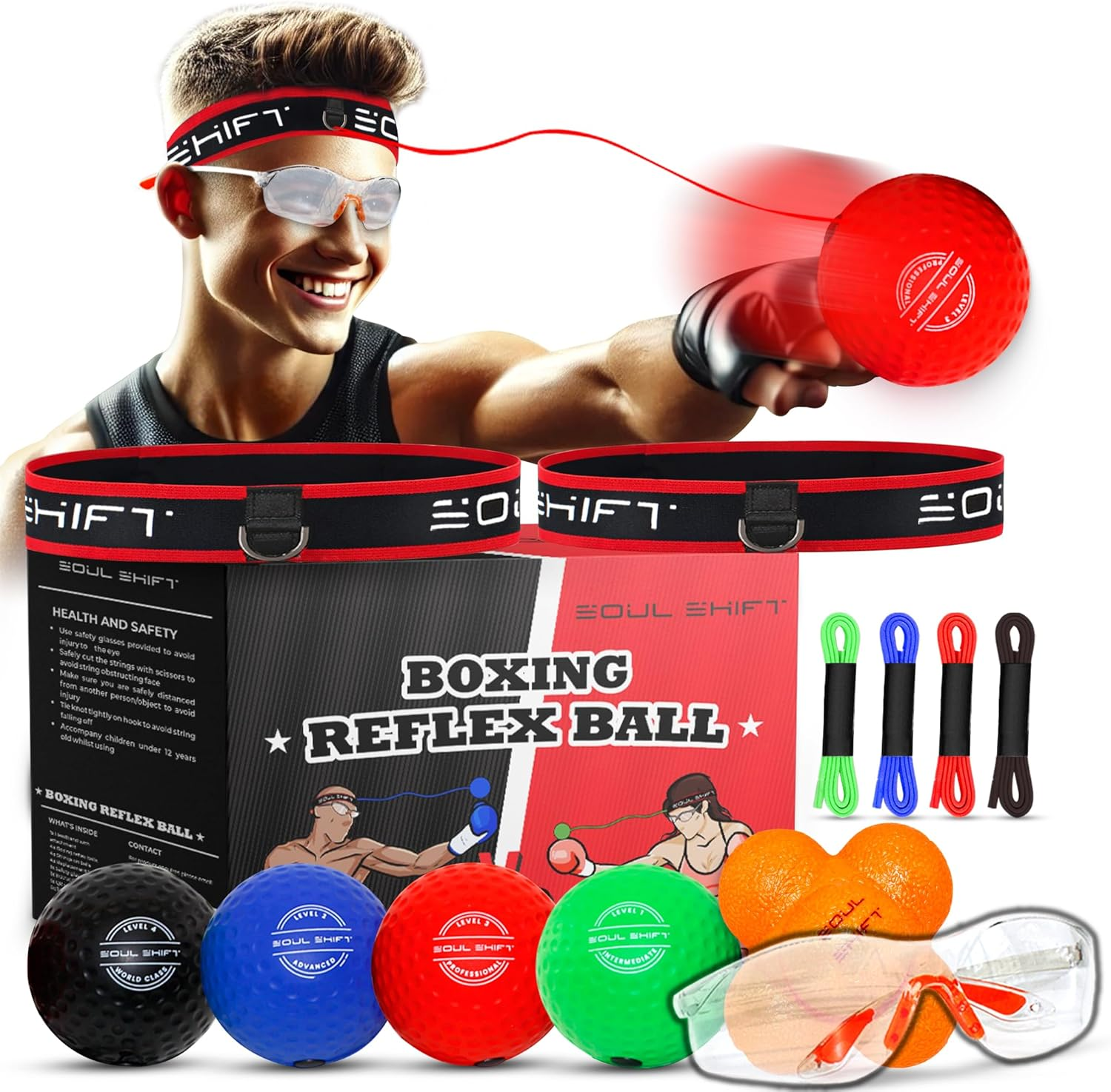 4-In-1 Boxing Reflex Ball Set - Includes Reaction Ball, 2 Adjustable Headbands