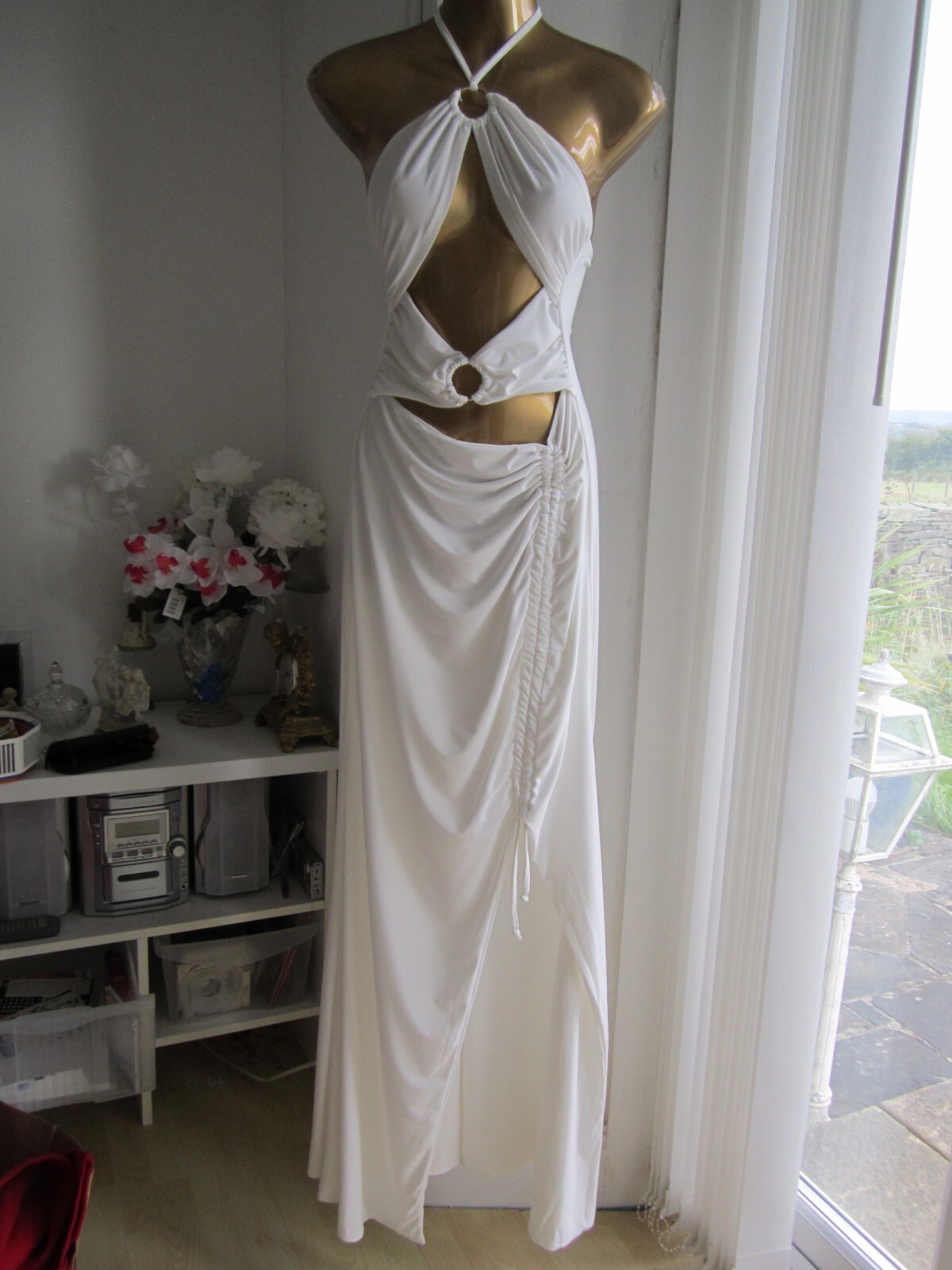 Club L London White Halter neck Size 10 12 Cut Out Ruched aso Top Maxi