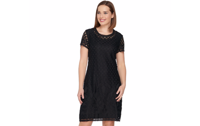 Isaac Mizrahi Live! Stretch Lace Short Sleeve Dress Black X-Small A288082  QVC J | eBay