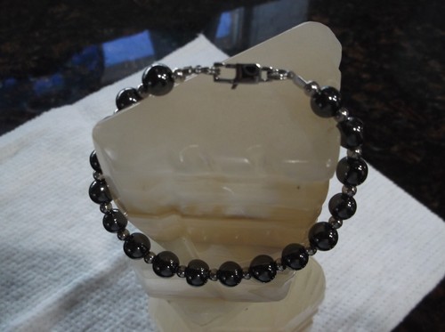 MEN'S HANDMADE 9" 10 MM BLACK HEMATITE STERLING SILVER BEADED BRACELET - 第 3/4 張圖片