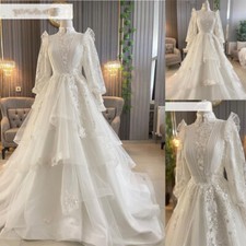 Muslim Wedding Dresses Long Sleeve Lace Beaded 3D Flowers Ruffles Bridal Gowns