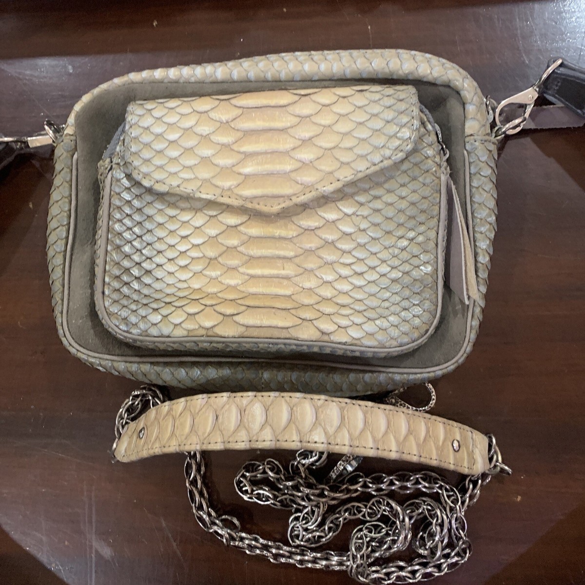 AUTHENTIC CLARIS VIROT CHARLY PYTHON BEIGE/GRAY SHOULDER CROSSBODY BAG  STRAPS