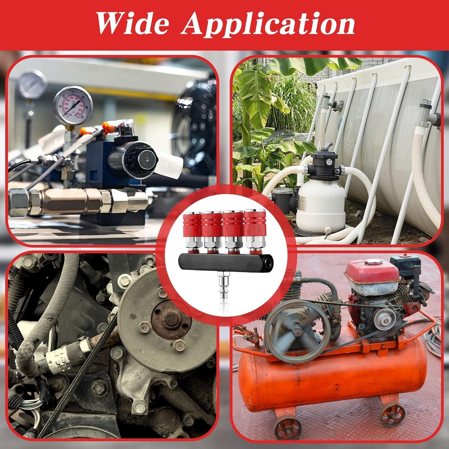 2 Pcs 4 Way Straight Air Compressor Manifold Air Hose Splitter 5 Ports 1/4 in